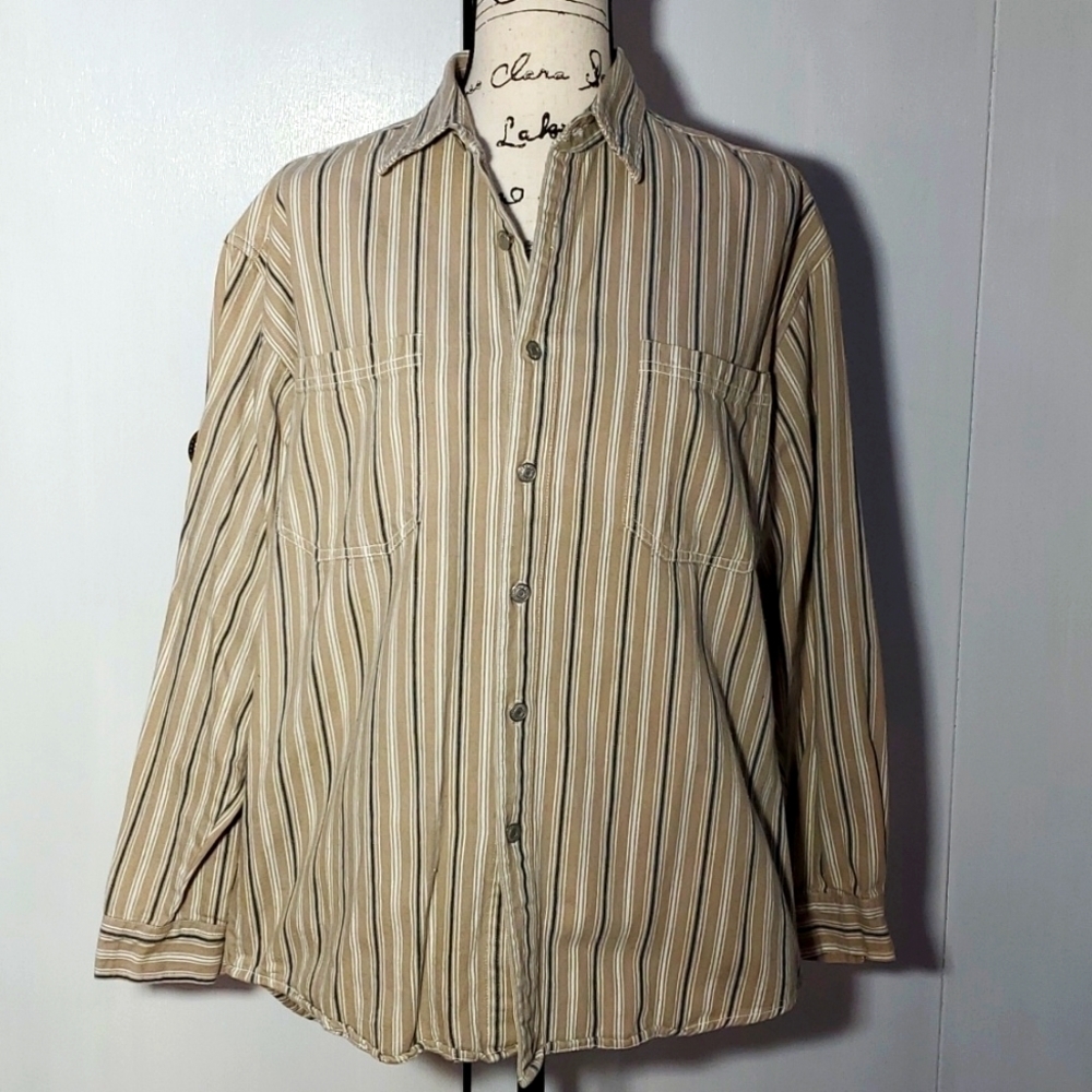Novin- Mens Longsleeve Khaki blue pin striped  metal button Shirt Sz.Med